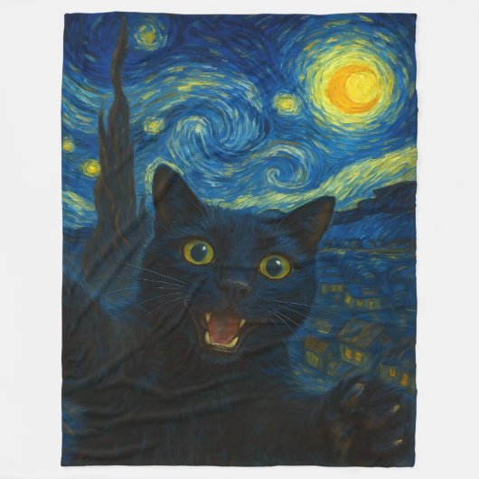 Black Cat Starry Night Van Gogh Cat Selfie Fleecedecke (Vorderseite)