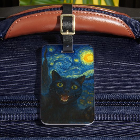 Black Cat Starry Night Van Gogh Cat Selfie Gepäckanhänger (Vorderseite Insitu 2)