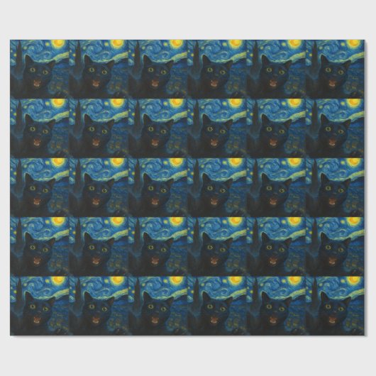 Black Cat Starry Night Van Gogh Cat Selfie Geschenkpapier (Flach)