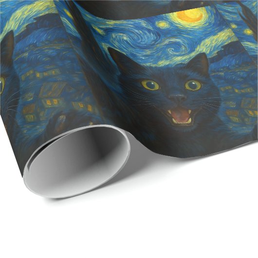 Black Cat Starry Night Van Gogh Cat Selfie Geschenkpapier (Rolleneckpunkt)