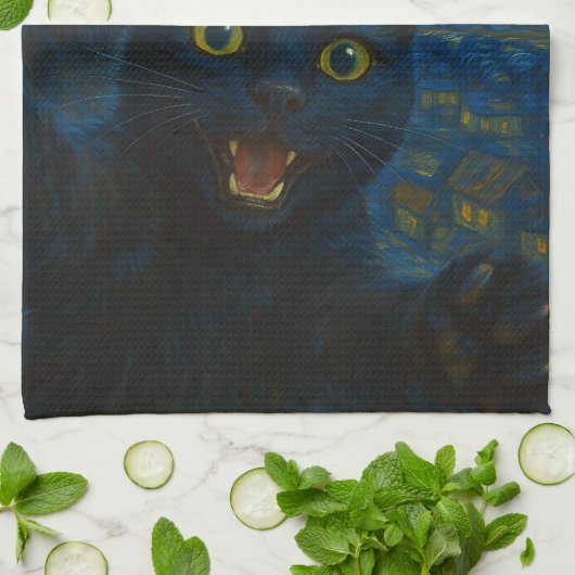 Black Cat Starry Night Van Gogh Cat Selfie Geschirrtuch (Gefaltet)