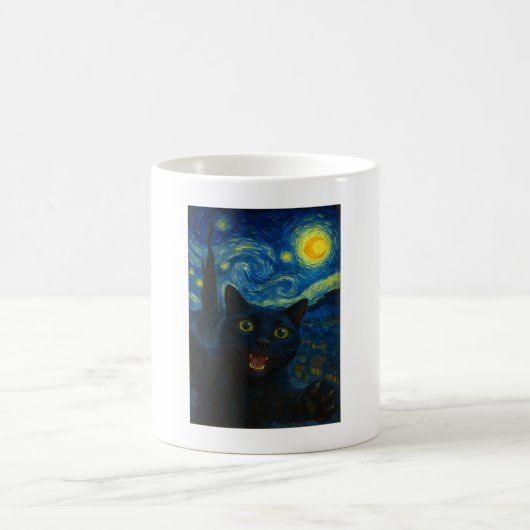 Black Cat Starry Night Van Gogh Cat Selfie Kaffeetasse (Mittel)