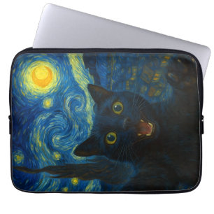 Black Cat Starry Night Van Gogh Cat Selfie Laptopschutzhülle