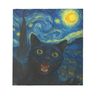 Black Cat Starry Night Van Gogh Cat Selfie Notizblock