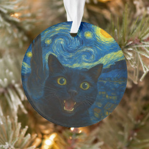 Black Cat Starry Night Van Gogh Cat Selfie Ornament