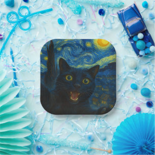 Black Cat Starry Night Van Gogh Cat Selfie Pappteller