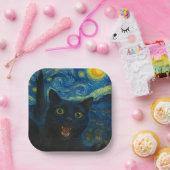 Black Cat Starry Night Van Gogh Cat Selfie Pappteller (Party)