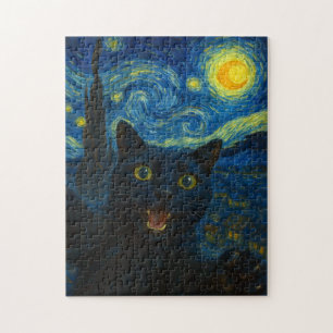 Black Cat Starry Night Van Gogh Cat Selfie Puzzle