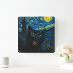 Black Cat Starry Night Van Gogh Cat Selfie Quadratische Wanduhr