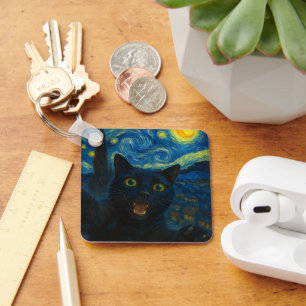 Black Cat Starry Night Van Gogh Cat Selfie Schlüsselanhänger