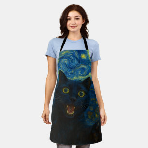 Black Cat Starry Night Van Gogh Cat Selfie Schürze