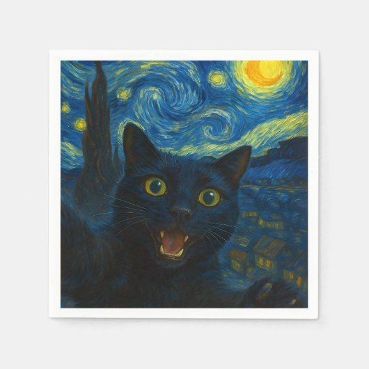 Black Cat Starry Night Van Gogh Cat Selfie Serviette (Vorderseite)