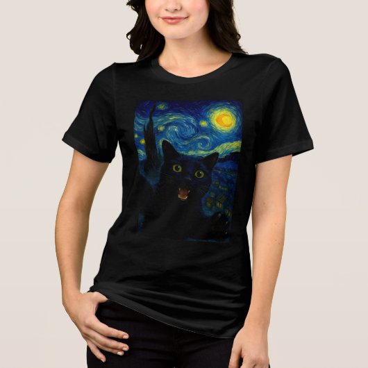 Black Cat Starry Night Van Gogh Cat Selfie Tri-Blend Shirt (Vorderseite)