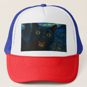 Black Cat Starry Night Van Gogh Cat Selfie Truckerkappe