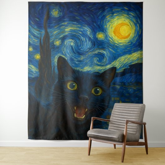 Black Cat Starry Night Van Gogh Cat Selfie Wandteppich (Beispiel)