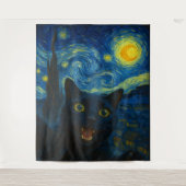 Black Cat Starry Night Van Gogh Cat Selfie Wandteppich (Vorderseite)