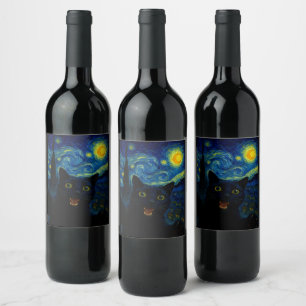 Black Cat Starry Night Van Gogh Cat Selfie Weinetikett