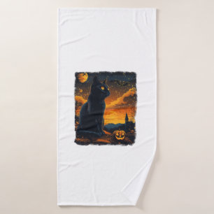 Black Cat Starry Night Van Gogh Pumpkins Bats Hall Badehandtuch