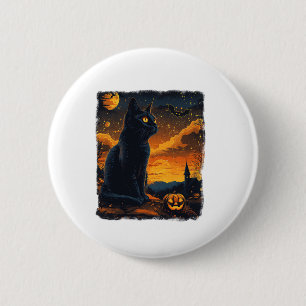 Black Cat Starry Night Van Gogh Pumpkins Bats Hall Button