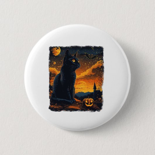 Black Cat Starry Night Van Gogh Pumpkins Bats Hall Button (Vorderseite)