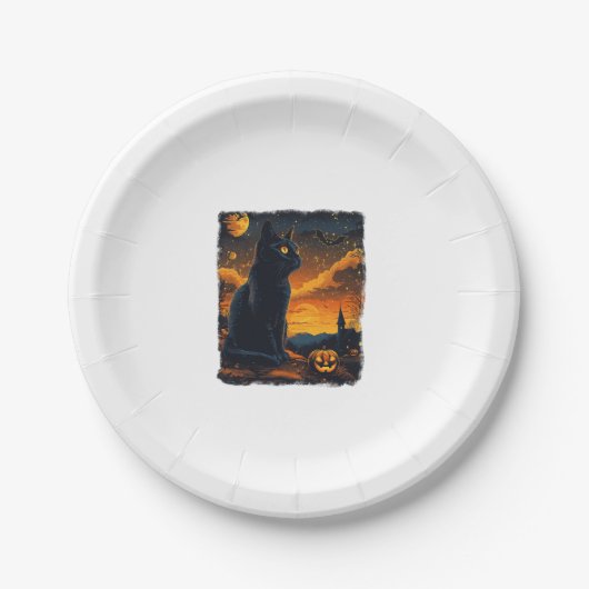 Black Cat Starry Night Van Gogh Pumpkins Bats Hall Pappteller (Vorderseite)