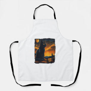 Black Cat Starry Night Van Gogh Pumpkins Bats Hall Schürze