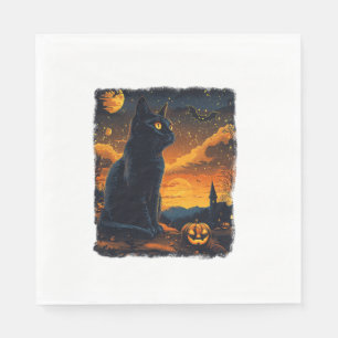 Black Cat Starry Night Van Gogh Pumpkins Bats Hall Serviette