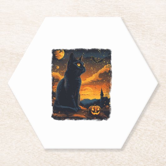 Black Cat Starry Night Van Gogh Pumpkins Bats Hall Untersetzer (Vorderseite)
