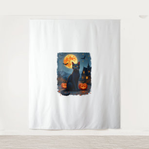 Black Cat Starry Night Van Gogh Pumpkins Bats Hall Wandteppich