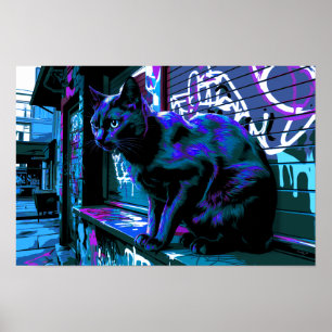 Black Cat Street Punk Neon Design Poster Print