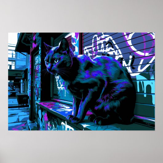 Black Cat Street Punk Neon Design Poster Print (Vorne)
