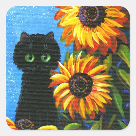 Black Cat Sunflowers Creationarts Square Sticker (Vorderseite)