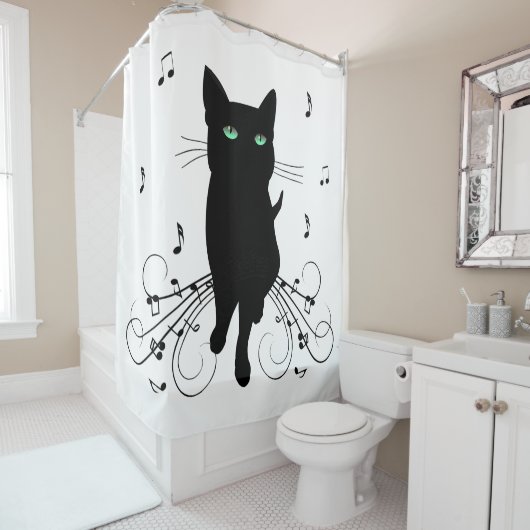 Black Cat Surrounded by Whispering Notes of Music Duschvorhang (Beispiel)