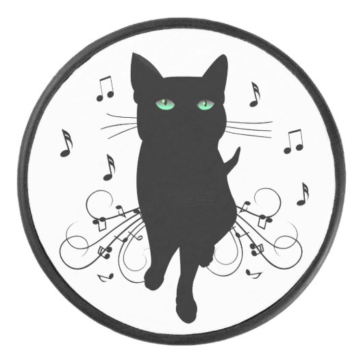 Black Cat Surrounded by Whispering Notes of Music Eishockey Puck (Vorderseite)