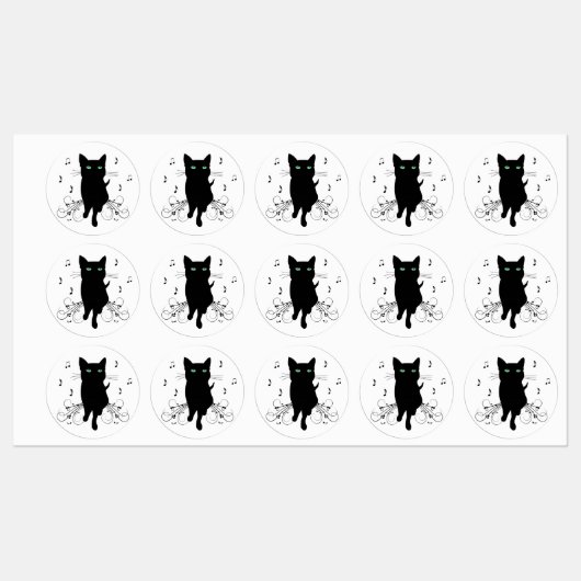 Black Cat Surrounded by Whispering Notes of Music Etiketten (Blatt)