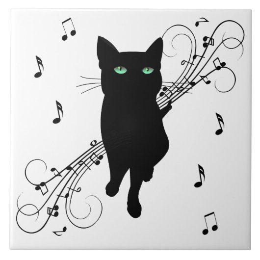 Black Cat Surrounded by Whispering Notes of Music Fliese (Vorderseite)