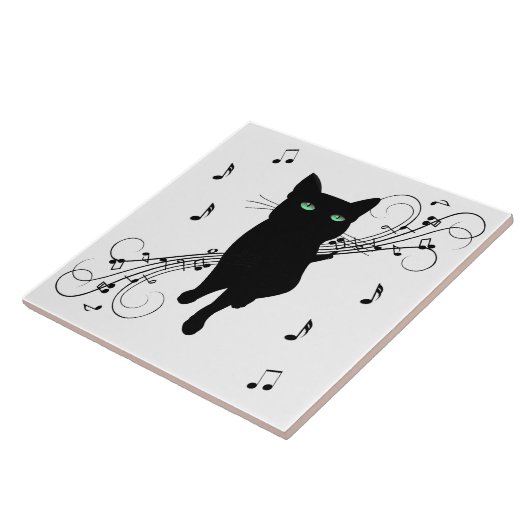 Black Cat Surrounded by Whispering Notes of Music Fliese (Seite)