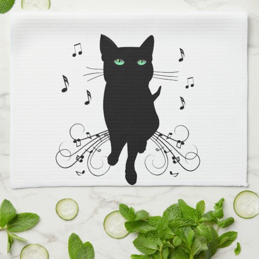 Black Cat Surrounded by Whispering Notes of Music Geschirrtuch (Gefaltet)