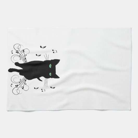 Black Cat Surrounded by Whispering Notes of Music Geschirrtuch (Horizontal)