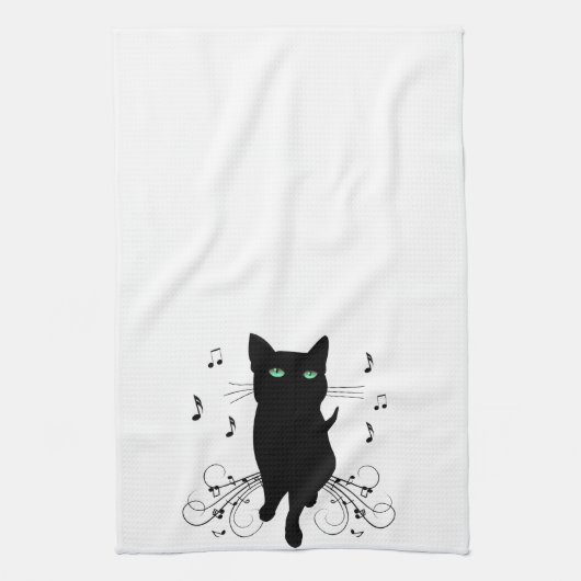 Black Cat Surrounded by Whispering Notes of Music Geschirrtuch (Vertikal)