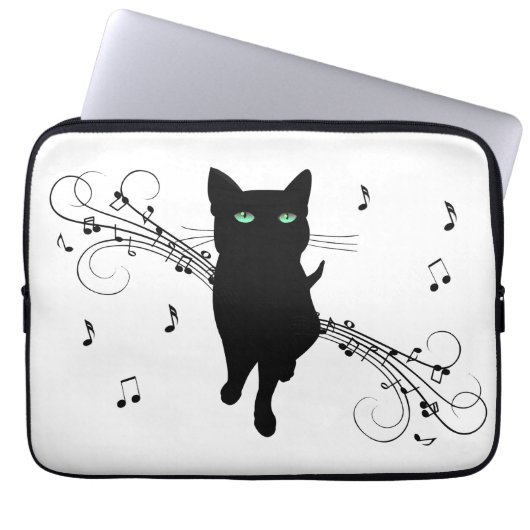 Black Cat Surrounded by Whispering Notes of Music Laptopschutzhülle (Vorderseite)