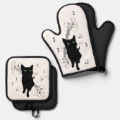Black Cat Surrounded by Whispering Notes of Music Ofenhandschuh & Topflappen-Set (Vorderseite/Rückseite)