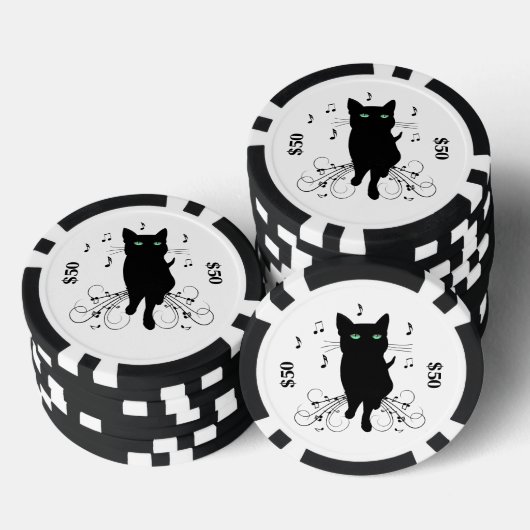 Black Cat Surrounded by Whispering Notes of Music Pokerchips (Stapel)