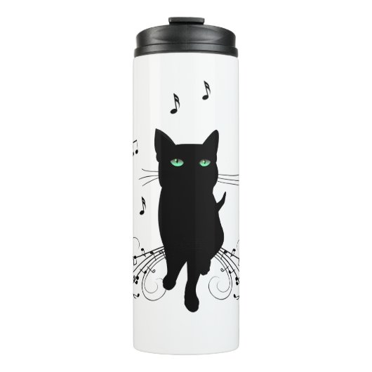 Black Cat Surrounded by Whispering Notes of Music Thermosbecher (Vorderseite)