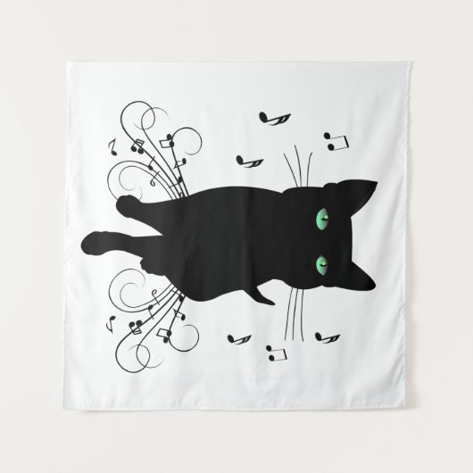 Black Cat Surrounded by Whispering Notes of Music Wandteppich (Vorderseite (Horizontal))
