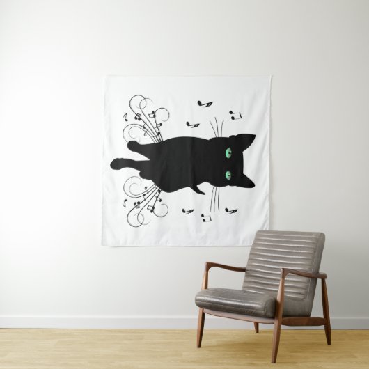 Black Cat Surrounded by Whispering Notes of Music Wandteppich (Beispiel (Horizontal))