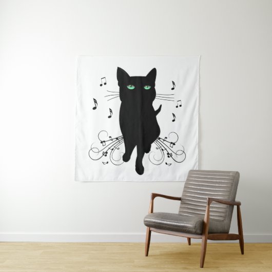 Black Cat Surrounded by Whispering Notes of Music Wandteppich (Beispiel)