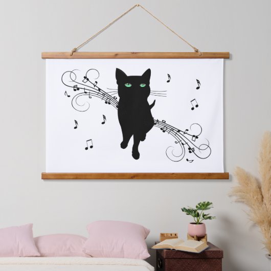 Black Cat Surrounded by Whispering Notes of Music Wandteppich Mit Holzrahmen (Schlafzimmer)