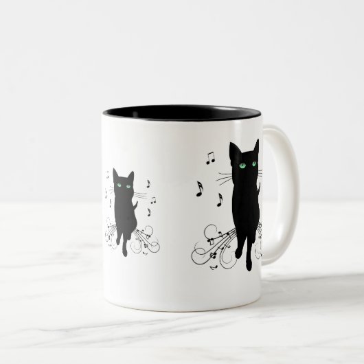 Black Cat Surrounded by Whispering Notes of Music Zweifarbige Tasse (VorderseiteRechts)