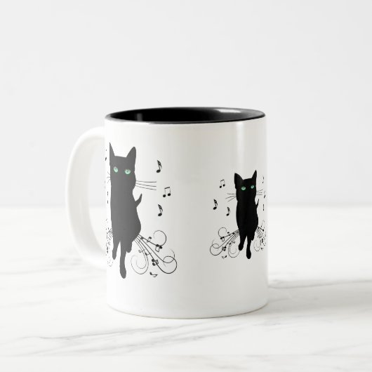 Black Cat Surrounded by Whispering Notes of Music Zweifarbige Tasse (Vorderseite Links)